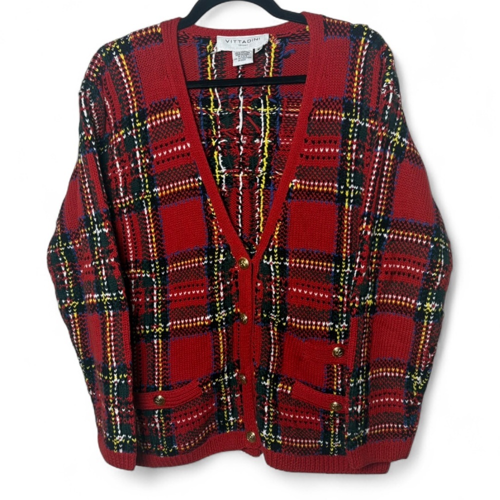 Adrienne Vittadini Red Plaid Knit Cardigan with Multi-Color Accents